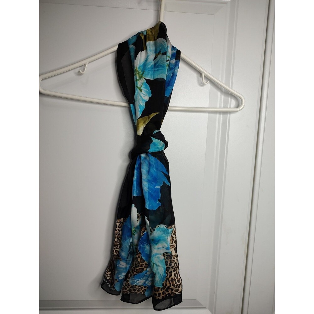 Adrienne Vittadini Vintage Animal Print Roses Silk Scarf Black and Blue 11x52 **